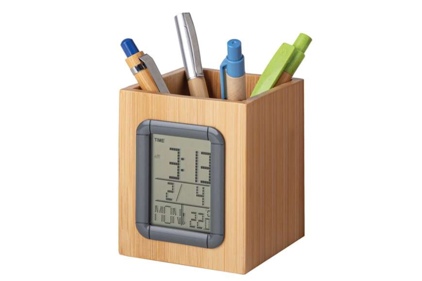 Portapenne in bambù con orologio e termometro ambientale | FullGadgets