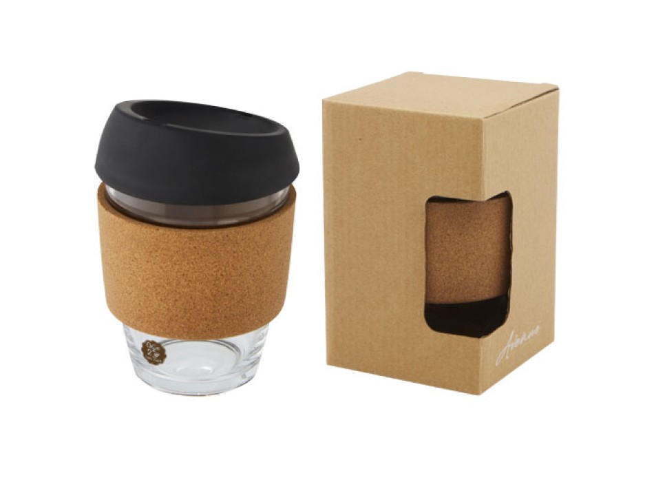 Bicchiere da 360 ml in vetro borosilicato con impugnatura in sughero e coperchio in silicone Lidan FullGadgets.com