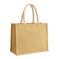 Borsa in juta con manici lunghi in corda e inserti colorati. Con soffietto