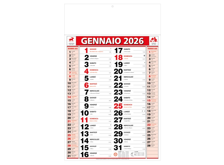 Calendario 2026 da muro mensile bicolore, 12 fogli, su carta patinata, termosaldato FullGadgets.com