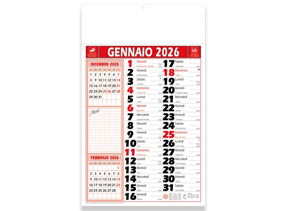 Calendario 2026 da muro mensile bicolore, 12 fogli, su carta patinata, termosaldato FullGadgets.com