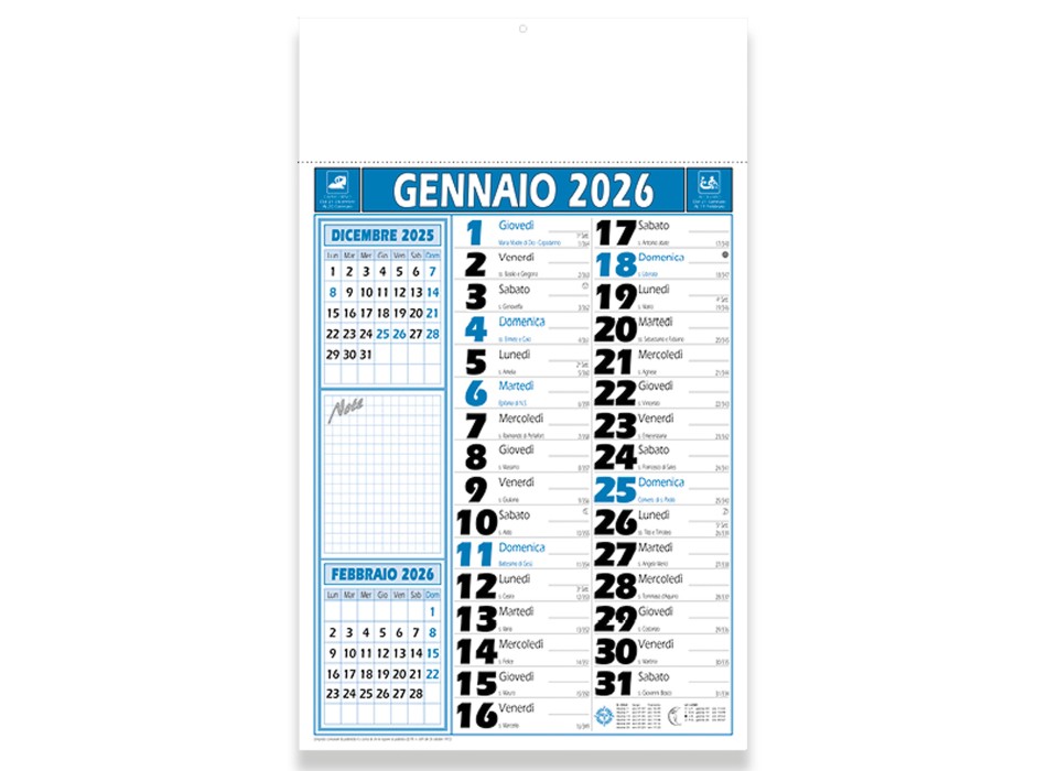 Calendario 2026 da muro mensile bicolore, 12 fogli, su carta patinata, termosaldato FullGadgets.com
