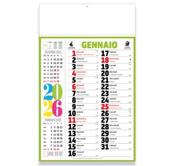 Calendario 2026 da muro mensile multicolore,12 fogli, su carta patinata, termosaldato FullGadgets.com
