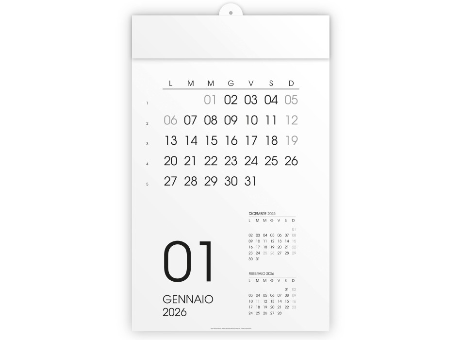 Calendario 2026 da parete mensile, 12 mesi, su cartoncino bianco, termosaldato FullGadgets.com
