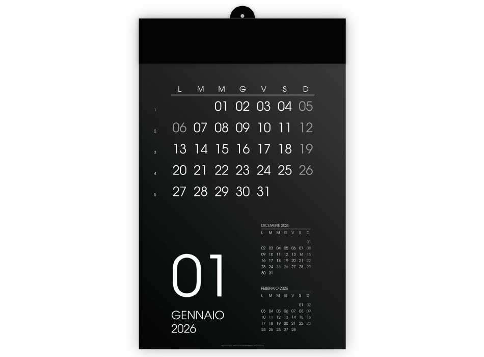 Calendario 2026 da parete mensile, 12 mesi, su cartoncino nero, termosaldato FullGadgets.com