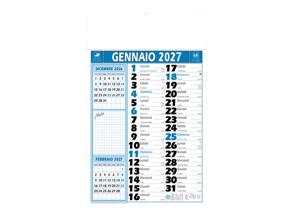 Calendario 2027 da muro mensile bicolore, 12 fogli, su carta patinata, termosaldato FullGadgets.com