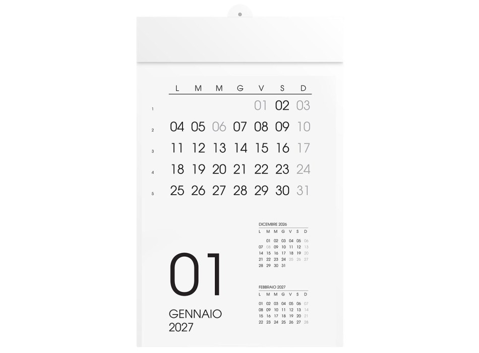 Calendario 2027 da parete mensile, 12 mesi, su cartoncino bianco, termosaldato FullGadgets.com
