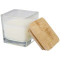 Candela quadrata in vetro con coperchio in bambù Ambra