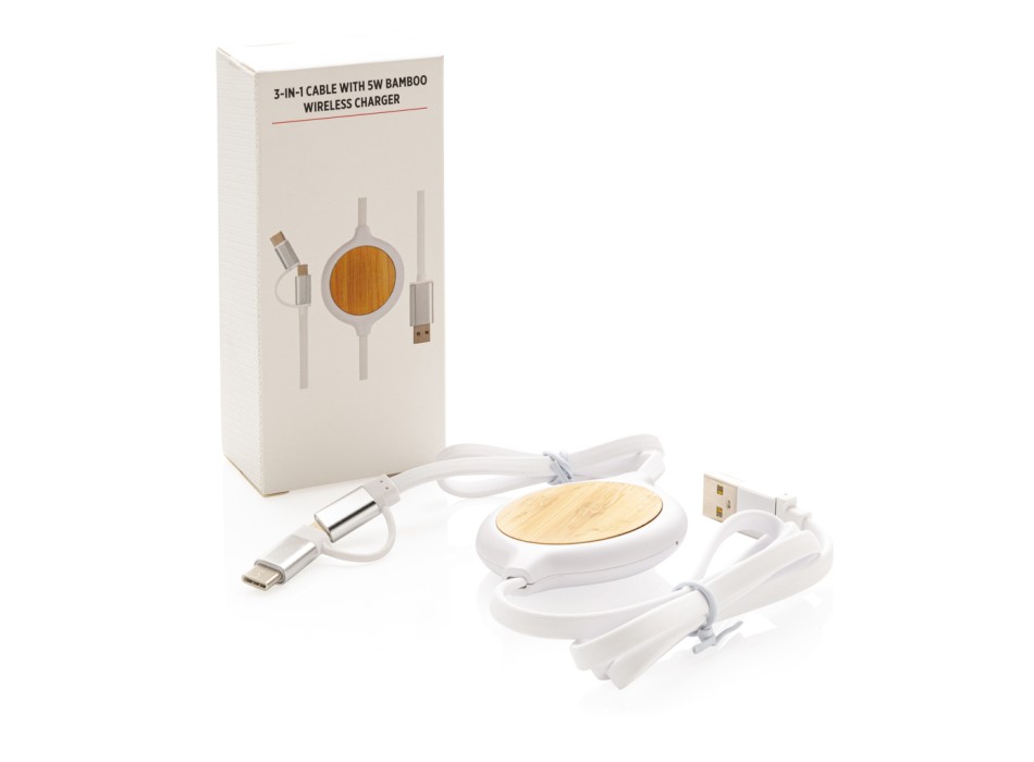 Cavo 3 in 1 con caricatore wireless in bambù da 5W FullGadgets.com