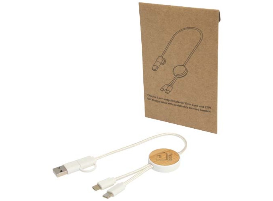 Cavo 5-in-1 in plastica riciclata da 30 cm per la sincronizzazione dei dati e la ricarica rapida da 27 W con dettagli in bambù Chechia FullGadgets.com