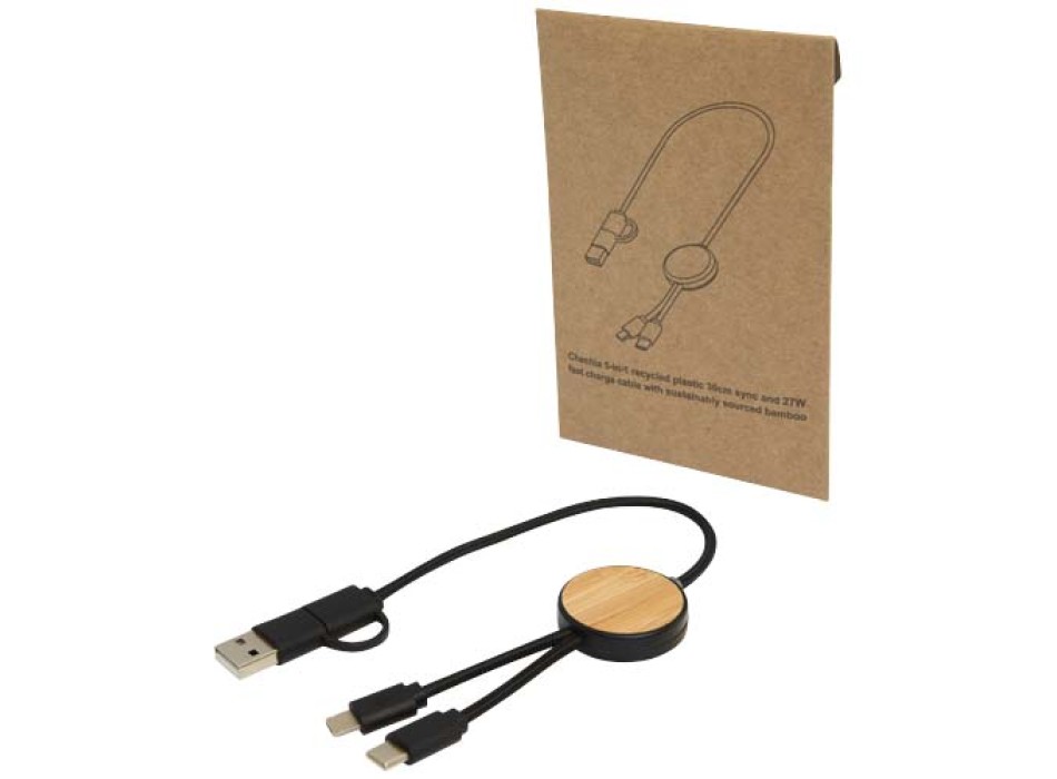 Cavo 5-in-1 in plastica riciclata da 30 cm per la sincronizzazione dei dati e la ricarica rapida da 27 W con dettagli in bambù Chechia FullGadgets.com