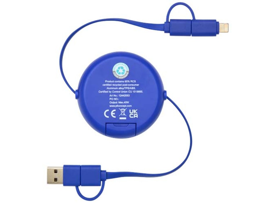 Cavo retrattile 5 in 1 da 100 cm in plastica riciclata e alluminio per la sincronizzazione dei dati e la ricarica rapida da 45 W Alasia FullGadgets.com