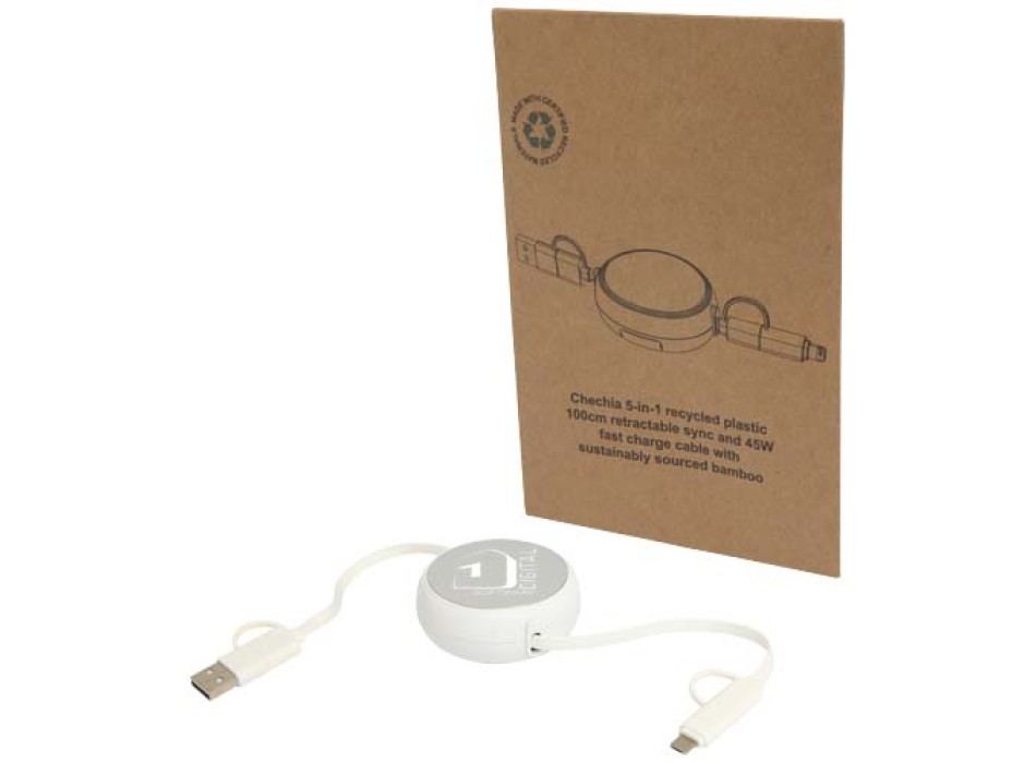 Cavo retrattile 5 in 1 da 100 cm in plastica riciclata e alluminio per la sincronizzazione dei dati e la ricarica rapida da 45 W Alasia FullGadgets.com