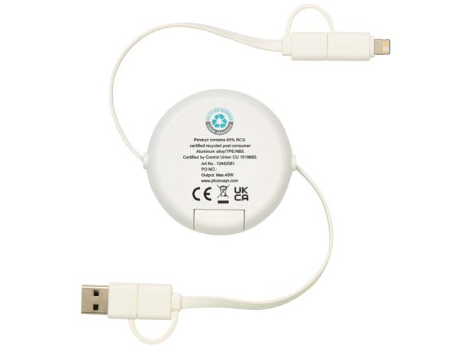 Cavo retrattile 5 in 1 da 100 cm in plastica riciclata e alluminio per la sincronizzazione dei dati e la ricarica rapida da 45 W Alasia FullGadgets.com