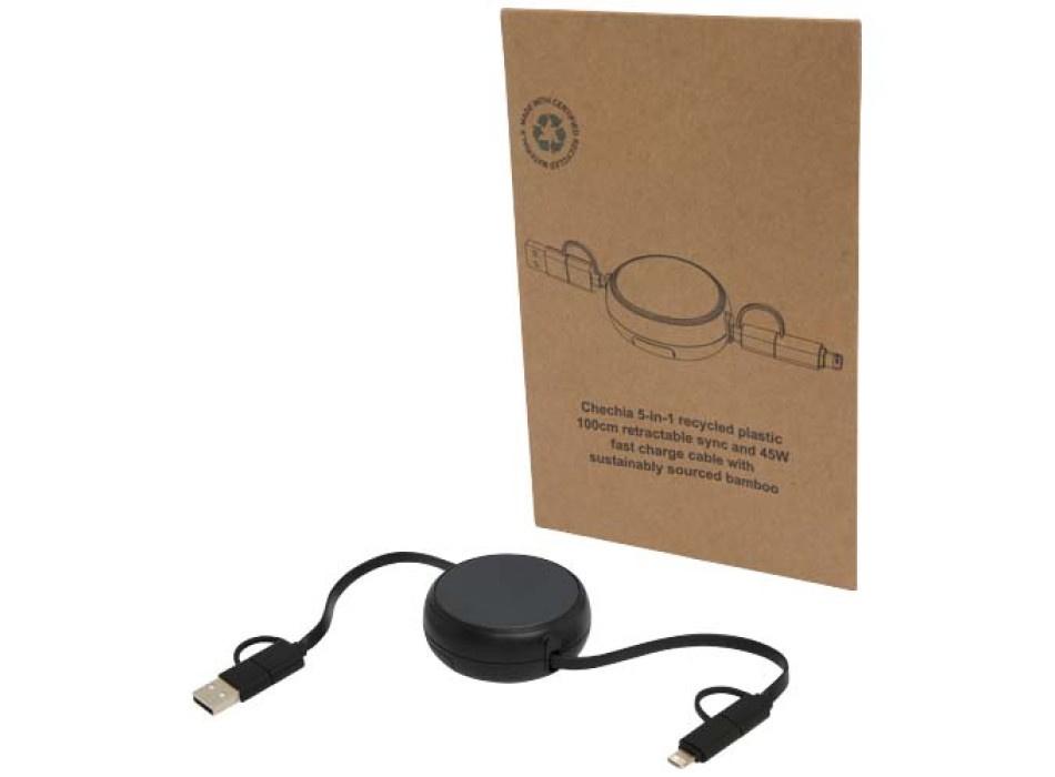 Cavo retrattile 5 in 1 da 100 cm in plastica riciclata e alluminio per la sincronizzazione dei dati e la ricarica rapida da 45 W Alasia FullGadgets.com