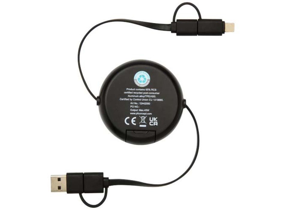 Cavo retrattile 5 in 1 da 100 cm in plastica riciclata e alluminio per la sincronizzazione dei dati e la ricarica rapida da 45 W Alasia FullGadgets.com