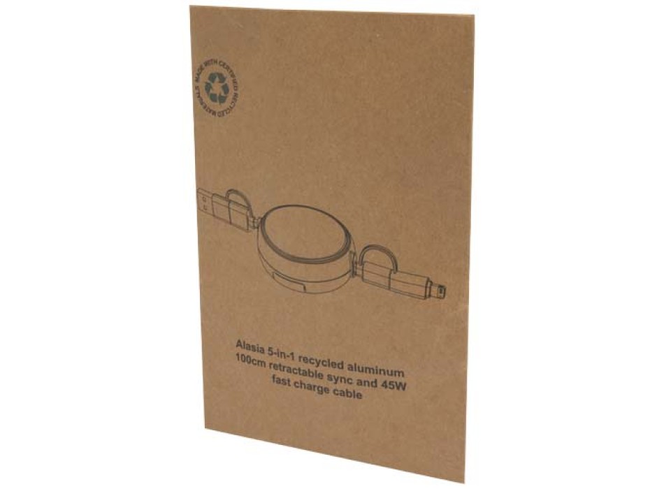 Cavo retrattile 5 in 1 da 100 cm in plastica riciclata e alluminio per la sincronizzazione dei dati e la ricarica rapida da 45 W Alasia FullGadgets.com