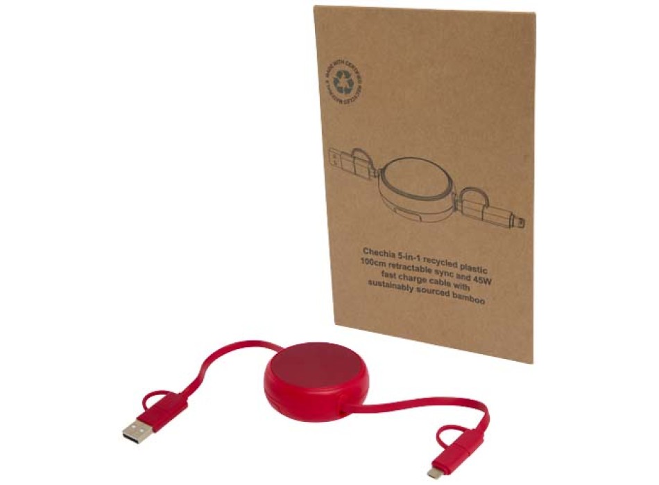 Cavo retrattile 5 in 1 da 100 cm in plastica riciclata e alluminio per la sincronizzazione dei dati e la ricarica rapida da 45 W Alasia FullGadgets.com