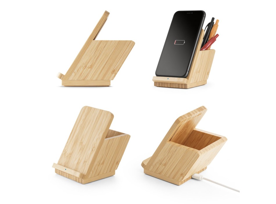 LEAVITT. Supporto per smartphone e porta biro con caricatore wireless veloce da 10W in bambù FullGadgets.com