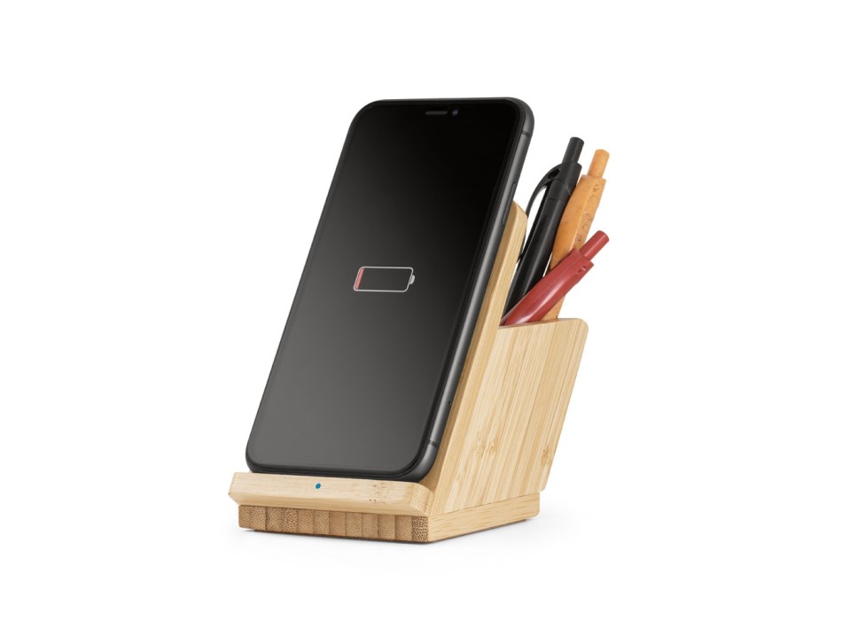 LEAVITT. Supporto per smartphone e porta biro con caricatore wireless veloce da 10W in bambù FullGadgets.com