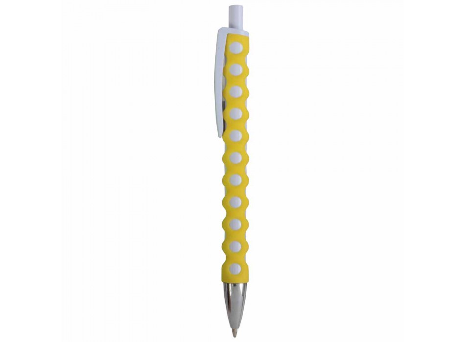 Penna a scatto in plastica con fusto, clip e pulsante bianchi, rivestimento gommato FullGadgets.com