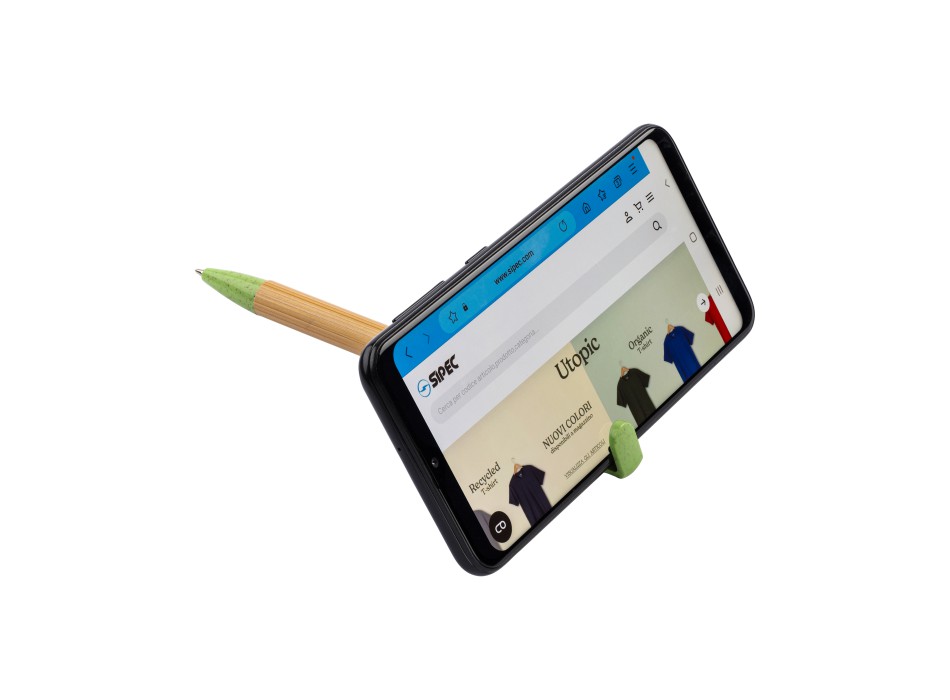 Penna twist in bambù e paglia di grano con stand porta cellulare FullGadgets.com
