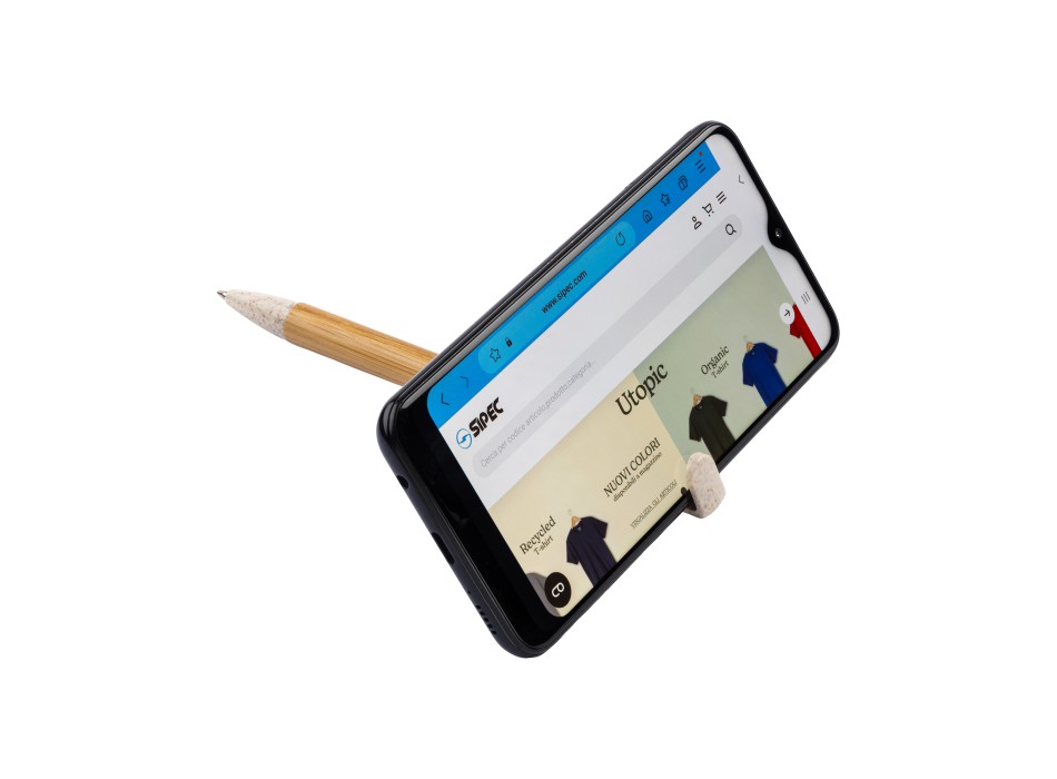 Penna twist in bambù e paglia di grano con stand porta cellulare FullGadgets.com