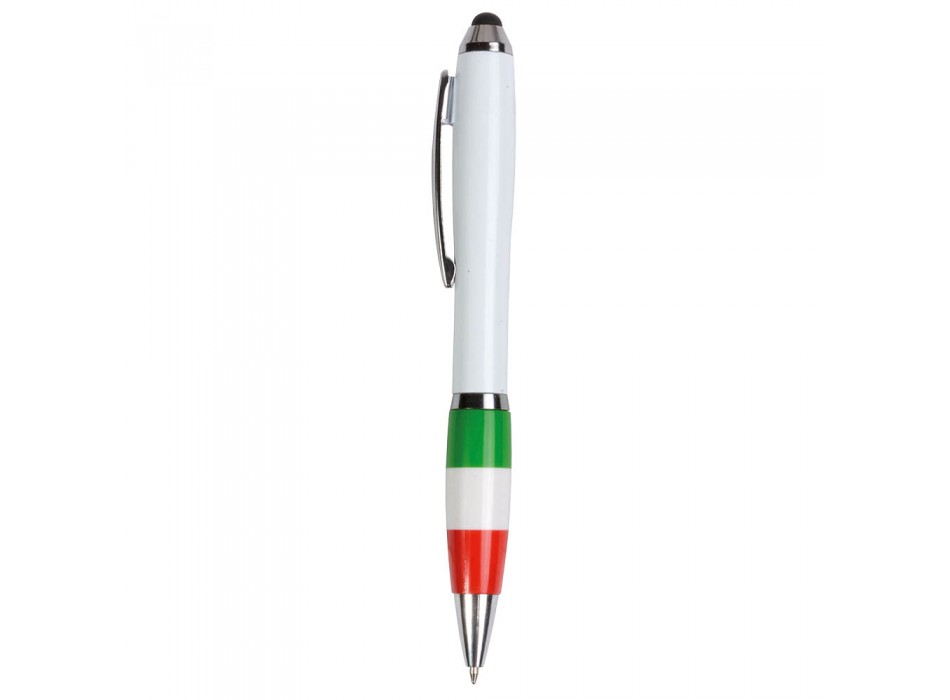 Penna twist in plastica con fusto bianco, impugnatura tricolore e gommino per touch screen FullGadgets.com