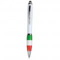Penna Twist In Plastica Con Fusto Bianco, Impugnatura Tricolore E Gommino Per Touch Screen Personalizzabile