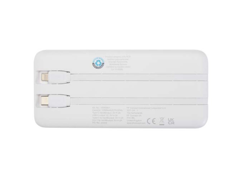 Power bank da 10.000 mAh e 10 W in plastica riciclata con 2 cavi integrati Adhil FullGadgets.com