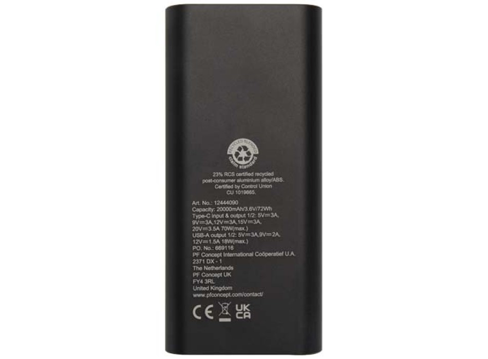 Power bank in alluminio riciclato certificato RCS da 20.000 mAh e 70 W Acamar FullGadgets.com