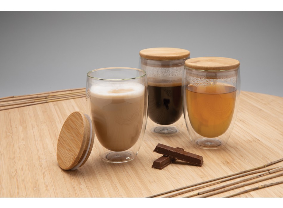 Set 2 bicchieri in vetro borosilicato con tappo in bambù FullGadgets.com