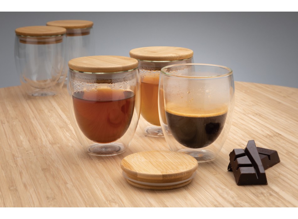 Set 2 bicchieri in vetro borosilicato con tappo in bambù FullGadgets.com