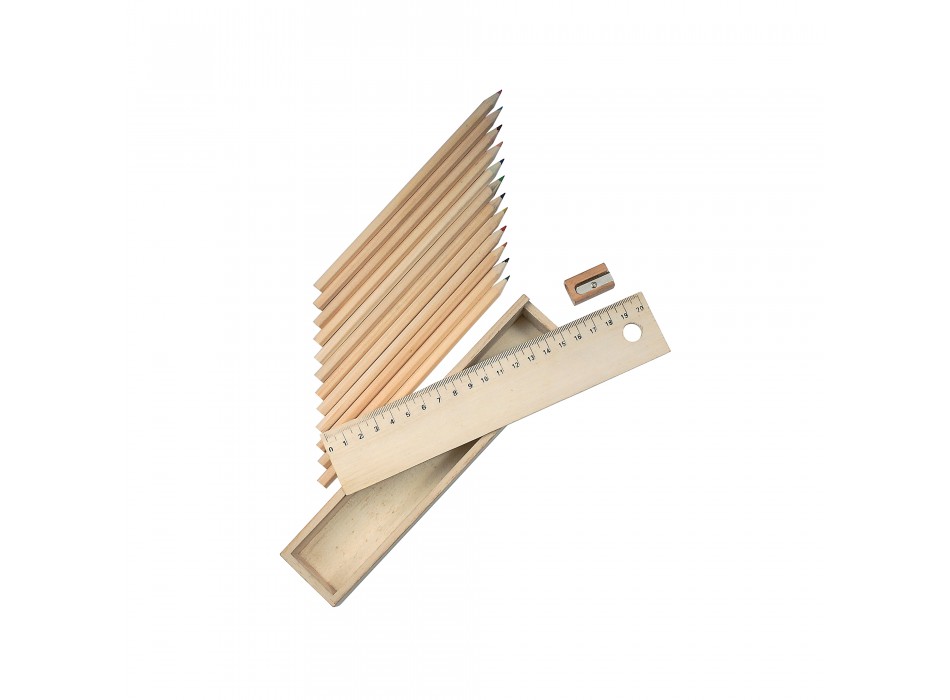 Set di 12 matite in legno colorate a sezione esagonale con righello in legno e temperino FullGadgets.com