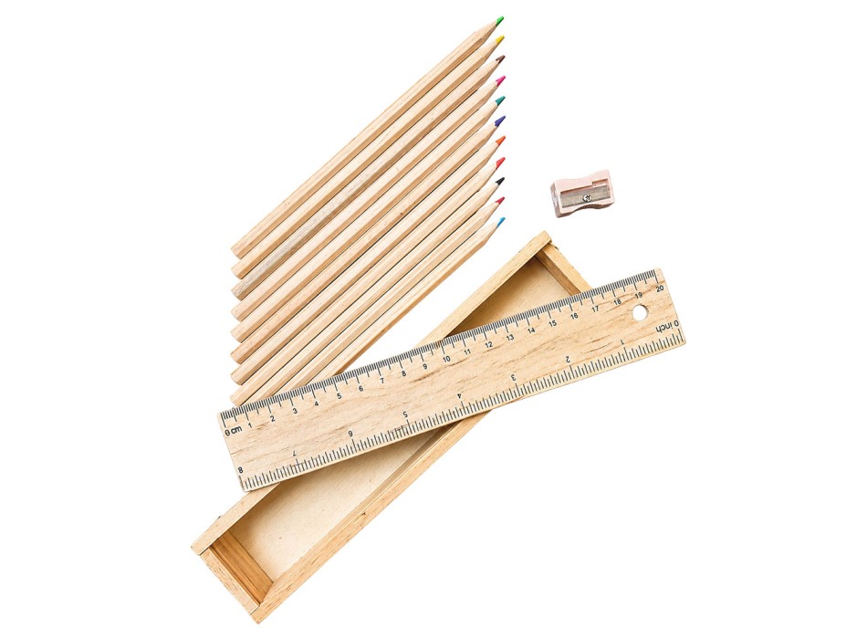 Set di 12 matite in legno colorate a sezione esagonale con righello in legno e temperino FullGadgets.com