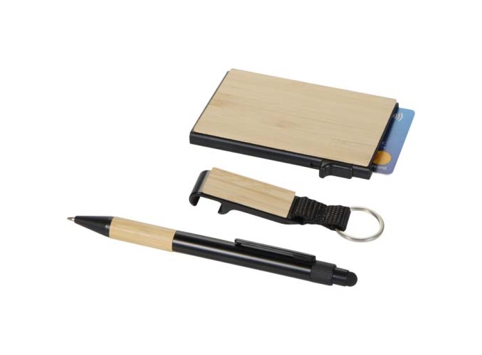 Set regalo con penna a sfera, portachiavi e portacarte RFID in alluminio riciclato certificato RCS Minka FullGadgets.com