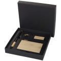 Set regalo con penna a sfera, portachiavi e portacarte RFID in alluminio riciclato certificato RCS Minka