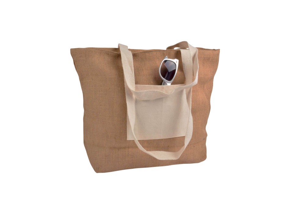 Shopper con soffietto alla base in juta con manici e tasca esterna (18 x 15 cm) in cotone FullGadgets.com