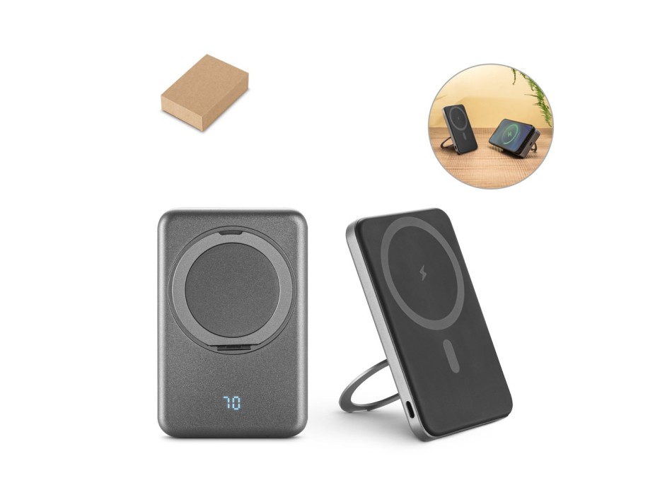 WARSHEL 5. Power bank magnetico da 5'000 mAh con caricatore wireless superveloce da 15W in ABS riciclato (100% rABS) con supporto FullGadgets.com